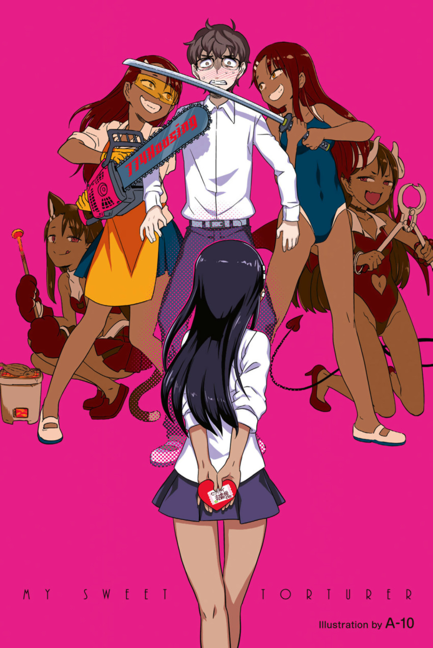 5girls animal_ears apron artist_name black_hair branding_iron cat_ears cat_paws cat_tail chainsaw cheerleader covered_navel dark_skin demon_girl demon_horns demon_tail demon_wings denim dress_shirt fang fuwa_daisuke glasses grin hachiouji hair_ornament hairclip high_heels highres horns ijiranaide_nagatoro-san jeans katana multiple_girls multiple_persona nagatoro navel_cutout non-web_source pants paws safety_glasses school_swimsuit school_uniform shirt shoes simple_background sleeves_rolled_up smile swimsuit sword tail tan tanline tongs valentine weapon wings