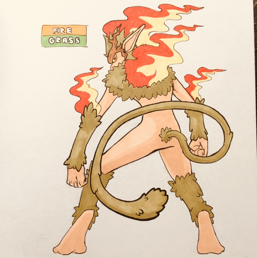 2018 5_fingers alternate_color alternate_species ambiguous_gender anthro arm_tuft athletic biped branch english_text fak&eacute;mon fire firefightdex fist flaming_hair flora_fauna full-length_portrait fur green_fur green_tail hair hatching_(technique) hi_res humanoid_hands infernape leaf leg_tuft long_tail looking_at_viewer looking_back mammal marker_(artwork) mfanjul mixed_media neck_tuft nintendo nude pen_(artwork) plant plantigrade pok&eacute;mon pok&eacute;mon_(species) portrait primate raised_heel rear_view red_eyes shadow simple_background solo standing tan_skin text toony traditional_media_(artwork) tuft video_games white_background yellow_sclera