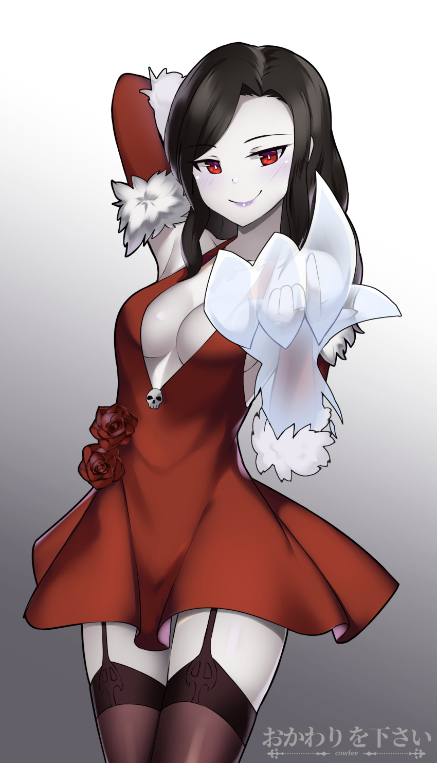 absurdres arm_behind_head artist_name beckoning black_hair breasts bridal_gauntlets commission cowboy_shot cowfee dress eyebrows_visible_through_hair flower fur-trimmed_gloves fur_trim garter_straps gloves gradient gradient_background grey_background highres long_hair looking_at_viewer medium_breasts monster_girl_encyclopedia red_dress red_eyes red_flower red_gloves red_rose rose simple_background skull smile solo thighhighs thighs white_skin wight_(monster_girl_encyclopedia) zettai_ryouiki