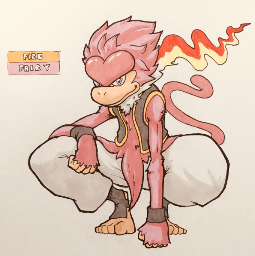 2018 4_fingers 5_toes alternate_color ambiguous_gender anthro armband athletic biped clothed clothing cosplay crossover crouching dragon_ball dragon_ball_z english_text fak&eacute;mon feet fingerless_(marking) fire firefightdex fist fluffy front_view full-length_portrait fur hand_on_leg hatching_(technique) heart_marking hi_res humanoid_feet humanoid_hands infernape legwear long_tail looking_at_viewer majin_buu mammal marker_(artwork) mfanjul mixed_media multicolored_fur neck_tuft nintendo pants pen_(artwork) pink_eyes pink_fur pink_tail pok&eacute;mon pok&eacute;mon_(species) portrait primate raised_heel shadow simple_background smile socks solo stirrup_socks tan_skin text toes toony traditional_media_(artwork) tuft two_tone_fur vest video_games white_background white_fur