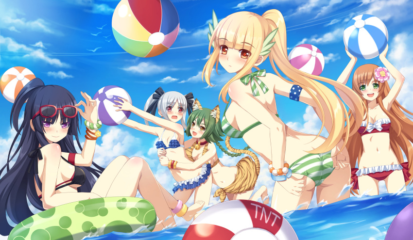 :d absurdres adjusting_clothes adjusting_swimsuit afloat animal_ears anklet armband ass ball bandeau beachball bikini bird black_hair blonde_hair bracelet breasts brown_eyes brown_hair cloud commentary day english_commentary flower glasses green_eyes green_hair hair_flower hair_ornament highres hug hug_from_behind innertube jewelry large_breasts long_hair looking_at_viewer multiple_girls navel open_mouth outdoors ponytail purple_eyes red_eyes sideboob silver_hair sky smile strap_gap striped striped_bikini striped_swimsuit swimsuit tail tonee tora_no_tsubasa twintails wading water