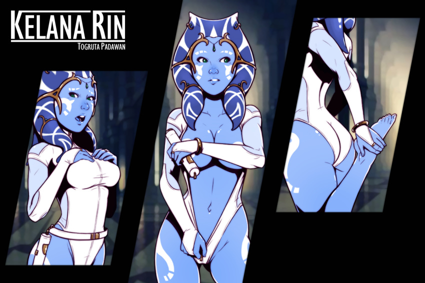 2018 alien areola barefoot blue_skin bracelet breasts butt clothing comic cover cover_page covering covering_breasts dave_cheung english_text fan_character female gloves green_eyes humanoid jedi jewelry kelana_rin lightsaber midriff navel not_furry solo star_wars stretching text tight_clothing togruta undressing