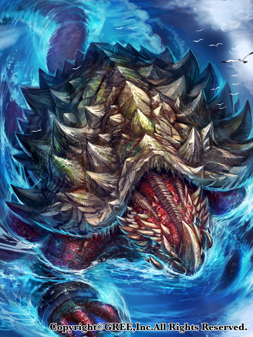 bird blue_eyes commentary_request dragon extra_eyes highres horn monster official_art partially_submerged seagull seisen_cerberus spikes turtle water watermark z.dk