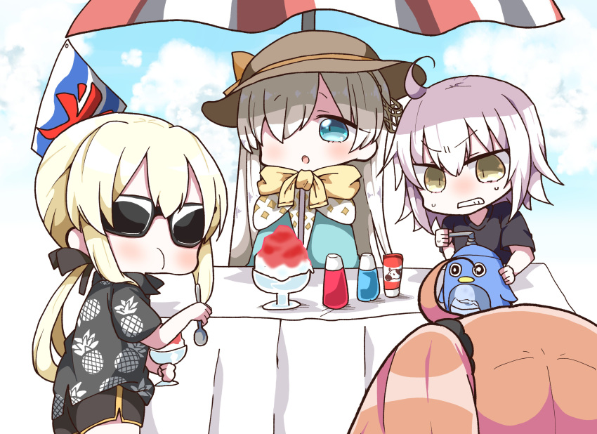 :o absurdres ahoge anastasia_(fate/grand_order) artoria_pendragon_(all) bangs black_scrunchie black_shirt black_shorts blue_cloak blue_eyes blue_sky blush bottle bow brown_hair brown_hat clenched_teeth cloak closed_mouth cloud cloudy_sky commentary_request day eating eyebrows_visible_through_hair fate/grand_order fate/stay_night fate_(series) food_print fujimaru_ritsuka_(female) hair_between_eyes hair_ornament hair_over_one_eye hair_scrunchie hat highres holding holding_spoon jako_(jakoo21) jeanne_d'arc_(alter)_(fate) jeanne_d'arc_(fate)_(all) kooribata long_hair multiple_girls one_side_up outdoors parasol parted_lips pineapple_print print_shirt saber_alter scrunchie shaved_ice shirt short_shorts short_sleeves shorts silver_hair sky spoon sun_hat sunglasses sweat table teeth umbrella v-shaped_eyebrows very_long_hair yellow_bow yellow_eyes