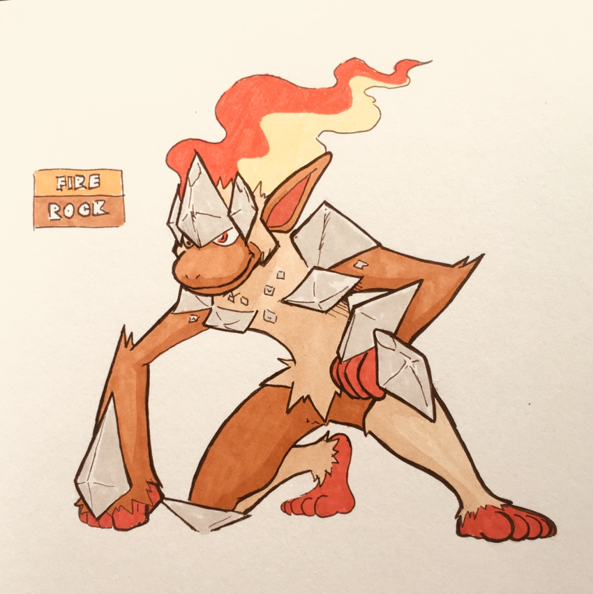 2018 5_fingers 5_toes alternate_color ambiguous_gender anthro arm_tuft athletic biped brown_fur english_text fak&eacute;mon featureless_crotch feet fire firefightdex fist flaming_hair full-length_portrait fur hair hand_on_hip hatching_(technique) humanoid_feet humanoid_hands infernape kneeling leg_tuft mammal marker_(artwork) mfanjul mineral_fauna mixed_media multicolored_fur nintendo nude pen_(artwork) plantigrade pok&eacute;mon pok&eacute;mon_(species) portrait primate pseudo_clothing raised_heel red_eyes red_skin rock shadow side_view simple_background smile solo tan_fur text toes toony traditional_media_(artwork) two_tone_fur video_games white_background