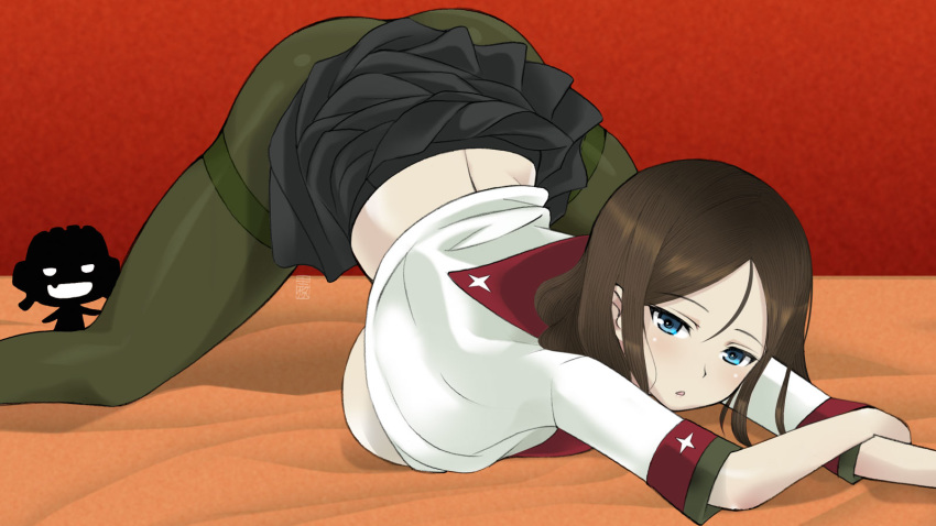 bed black_hair blue_eyes blush breasts girls_und_panzer green_legwear highres kurorichin large_breasts looking_at_viewer nonna open_mouth pantyhose skirt solo top-down_bottom-up