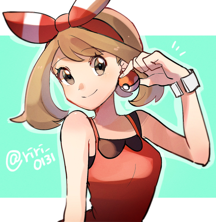 bare_shoulders breasts brown_hair closed_mouth eyebrows_visible_through_hair grey_eyes hairband haruka_(pokemon) highres holding holding_poke_ball looking_at_viewer medium_breasts medium_hair poke_ball poke_ball_(generic) pokemon pokemon_(game) pokemon_oras red_hairband red_ribbon red_shirt ribbon ririmon shirt smile solo tank_top twitter_username upper_body