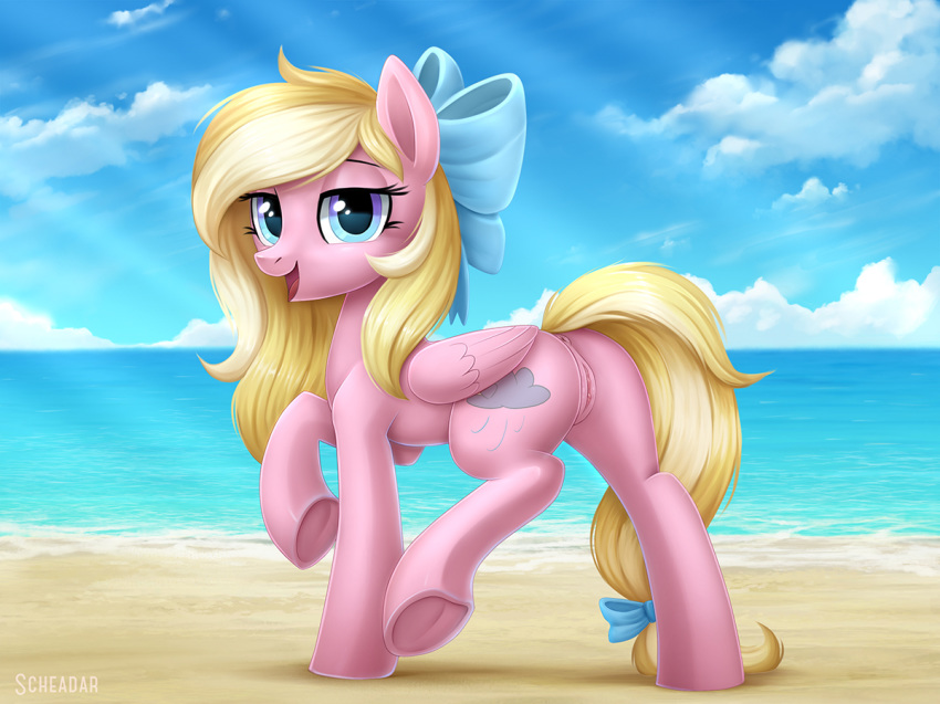 2018 anus beach blonde_hair blue_eyes butt cloud cutie_mark equine eyebrows eyelashes fan_character feathered_wings feathers female feral hair hair_bow hair_ribbon hooves krrrokozjabrra long_hair looking_at_viewer mammal my_little_pony nude open_mouth open_smile outside pegasus pink_feathers portrait presenting pussy ribbons seaside sky smile solo sunshine tongue underhoof walking water wings