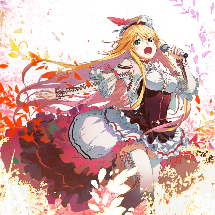 absurdres blonde_hair boots dies_irae disc_cover dress_shirt eyebrows_visible_through_hair floating_hair flower g_yuusuke grey_eyes hair_between_eyes hat hat_feather hat_flower highres holding holding_microphone layered_skirt long_hair marie_(dies_irae) microphone miniskirt red_feathers shiny shiny_skin shirt skirt solo thigh_boots thighhighs very_long_hair white_background white_flower white_footwear white_hat white_shirt white_skirt