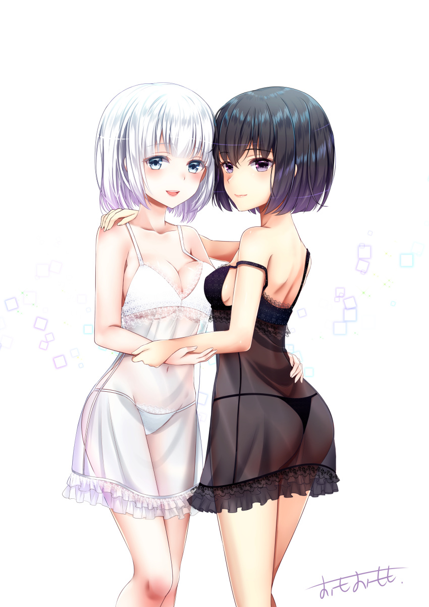 :d absurdres ass bangs bare_arms bare_shoulders black_eyes black_hair black_panties blue_eyes breasts cleavage closed_mouth comiket_94 commentary_request covered_navel eyebrows_visible_through_hair fingernails hair_between_eyes hand_on_another's_shoulder hand_on_another's_waist highres looking_at_viewer medium_breasts multiple_girls navel omoomomo open_mouth original panties see-through signature silver_hair simple_background smile underwear white_background white_panties