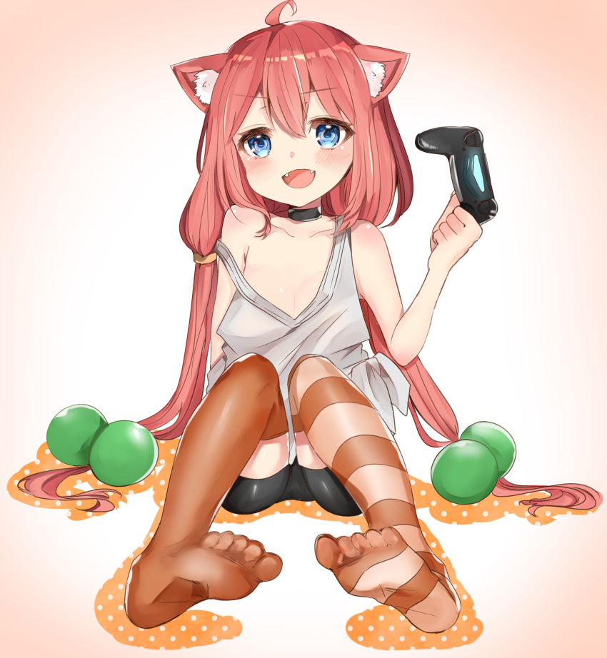 :d ahoge animal_ear_fluff animal_ears bare_shoulders bike_shorts black_choker black_shorts blue_eyes blush cat_ears choker collarbone controller dualshock eyebrows_visible_through_hair fangs feet flat_chest game_controller gamepad hair_bobbles hair_ornament highres hinata_channel katsushika_pachi long_hair looking_at_viewer low_twintails mismatched_legwear nekomiya_hinata off_shoulder open_mouth orange_legwear pink_hair polka_dot polka_dot_shadow shorts sitting sleeveless smile solo striped striped_legwear tank_top thighhighs twintails virtual_youtuber white_tank_top