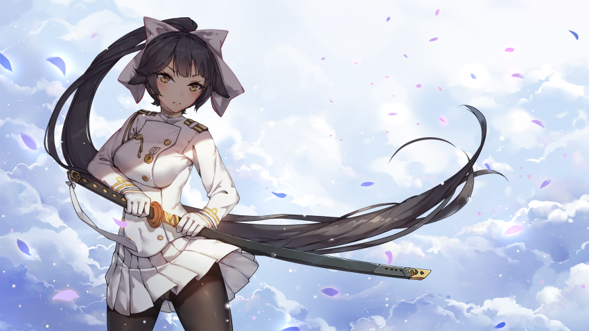 aiguillette azur_lane bangs black_hair black_legwear blush bow breasts buttons closed_mouth cloud cloudy_sky commentary_request cowboy_shot dsknight fighting_stance gloves hair_bow hair_flaps head_tilt highres holding holding_sword holding_weapon katana long_hair looking_at_viewer military military_uniform mole mole_under_eye negative_space panties panties_under_pantyhose pantyhose pantyshot petals pleated_skirt ponytail ribbon skirt sky solo standing sword takao_(azur_lane) underwear uniform weapon white_bow white_gloves white_panties white_ribbon white_skirt wind wind_lift yellow_eyes