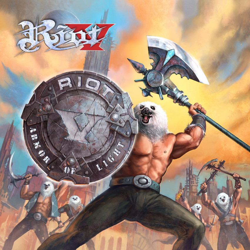 2018 5_fingers abs album_cover alcohol animal_humanoid armband armor axe bandolier battle_worn belt belt_buckle beverage bloodstain body_hair bottle bracers cape city cityscape clothed clothing cloud club_(weapon) cover cover_art crystal day dystopian english_text fantasy_axe fully_clothed fur group hairy_arms happy_trail harp_seal heavy_metal hi_res humanoid leather liquor logo loincloth male mammal marine mariusz_gandzel melee_weapon metal moon muscular nails nipples official_art open_mouth pants pinniped polearm raised_arm raised_weapon riot_(band) riot_v roman_numerals scratches scythe seal shield shirt sky solo_focus standing sword tequila text the_mighty_tior topless vein vest weapon whiskers white_fur