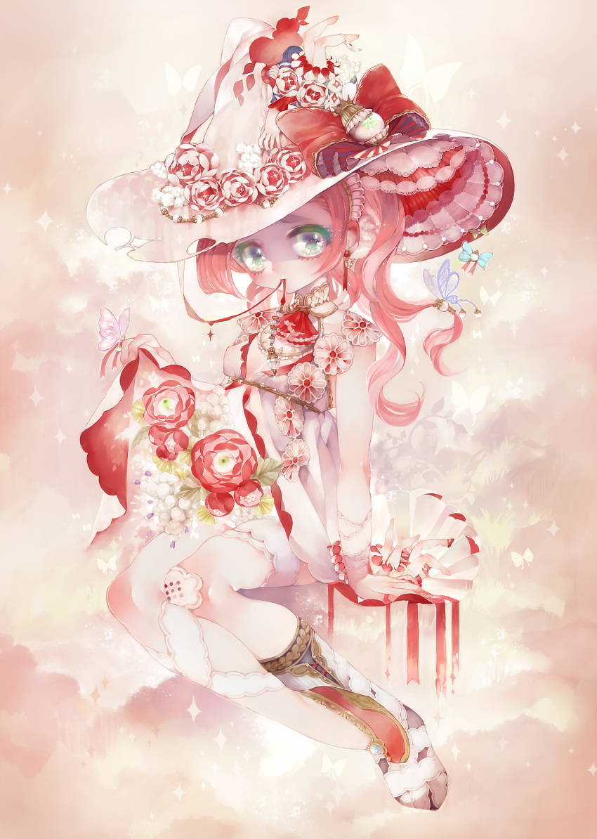 bow bug butterfly chino_machiko dress eyelashes flower green_eyes hat hat_bow hat_flower highres insect invisible_chair looking_at_viewer mouth_hold original pink_hair red_bow red_flower red_rose rose sitting solo white_dress witch_hat