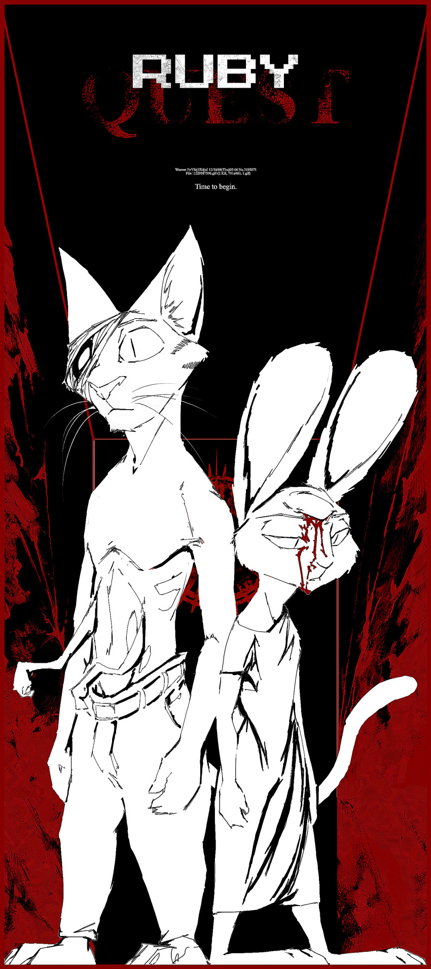2018 4_arms anthro bandage barefoot belt black_and_white_and_red blood cat cheek_tuft clothed clothing duo english_text feline female lagomorph looking_at_viewer male mammal multi_arm multi_limb poster rabbit ruby_(rq) ruby_quest standing text thewyvernsweaver third_eye tom_(rq) topless tuft whiskers