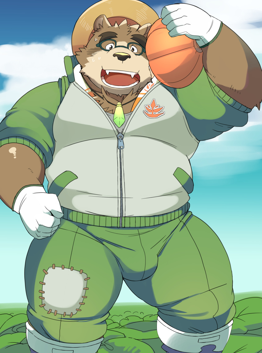 anthro ayame42612 bear brown_fur bulge clothed clothing eyewear food fruit fur glasses gloves hat male mammal overweight overweight_male pants pumpkin solo straw_hat tokyo_afterschool_summoners volos