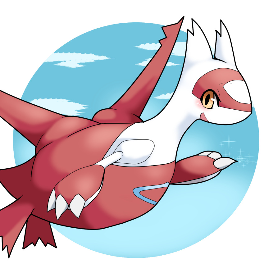 1girl blue_sky blush cloud day dragon female floating gen_3_pokemon hand_up highres latias no_humans open_mouth pokemon pokemon_(creature) ruishin simple_background sky smile solo sparkle white_background wings yellow_eyes