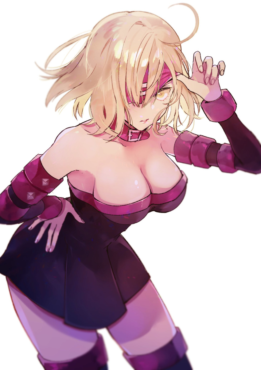 bare_shoulders blindfold blonde_hair breasts commentary_request cosplay detached_sleeves dress fate/grand_order fate/stay_night fate_(series) highres jeanne_d'arc_(alter)_(fate) jeanne_d'arc_(fate)_(all) large_breasts rider rider_(cosplay) ryousuke_(tukr5384) short_hair solo strapless strapless_dress