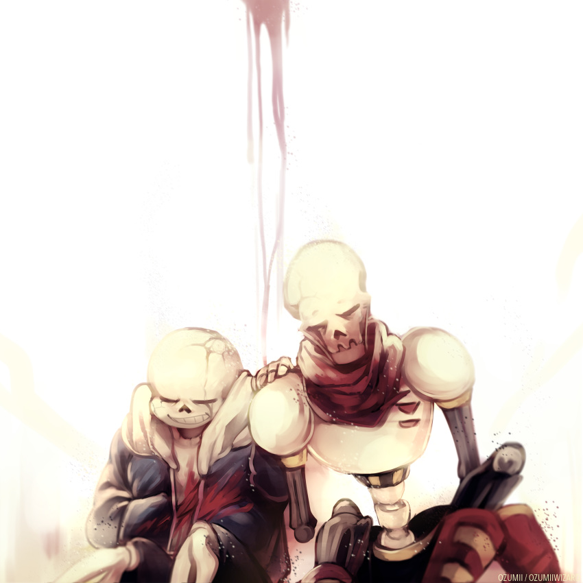 absurdres armor artist_name blood bloody_clothes blue_jacket boots closed_eyes crack disintegration dying hand_in_pocket hand_on_another's_shoulder highres hood hooded_jacket hoodie jacket multiple_boys open_clothes open_jacket open_mouth ozumii papyrus_(undertale) sans scarf shorts shoulder_pads simple_background sitting skeleton spoilers teeth undertale white_background