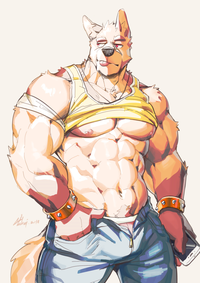 abs anthro athletic bandage big_muscles canine canyne_khai clothed clothing holding_object invalid_tag kawe light_skin male mammal muscular muscular_male pecs phone presenting red_eyes shirt signature tank_top tongue tongue_out wolf