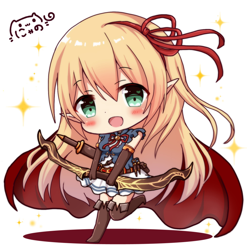 :d arisa_(shadowverse) bangs blonde_hair blue_shirt blush bow_(weapon) brown_footwear brown_gloves brown_legwear cape chibi commentary_request elbow_gloves eyebrows_visible_through_hair gloves green_eyes hair_between_eyes hair_ribbon head_tilt heart heart_in_eye highres holding holding_bow_(weapon) holding_weapon long_hair looking_at_viewer nyano21 open_mouth pleated_skirt pointy_ears princess_connect! princess_connect!_re:dive red_cape red_ribbon ribbon shadowverse shirt signature skirt sleeveless sleeveless_shirt smile solo sparkle standing standing_on_one_leg symbol_in_eye thighhighs thighs very_long_hair weapon white_background white_skirt