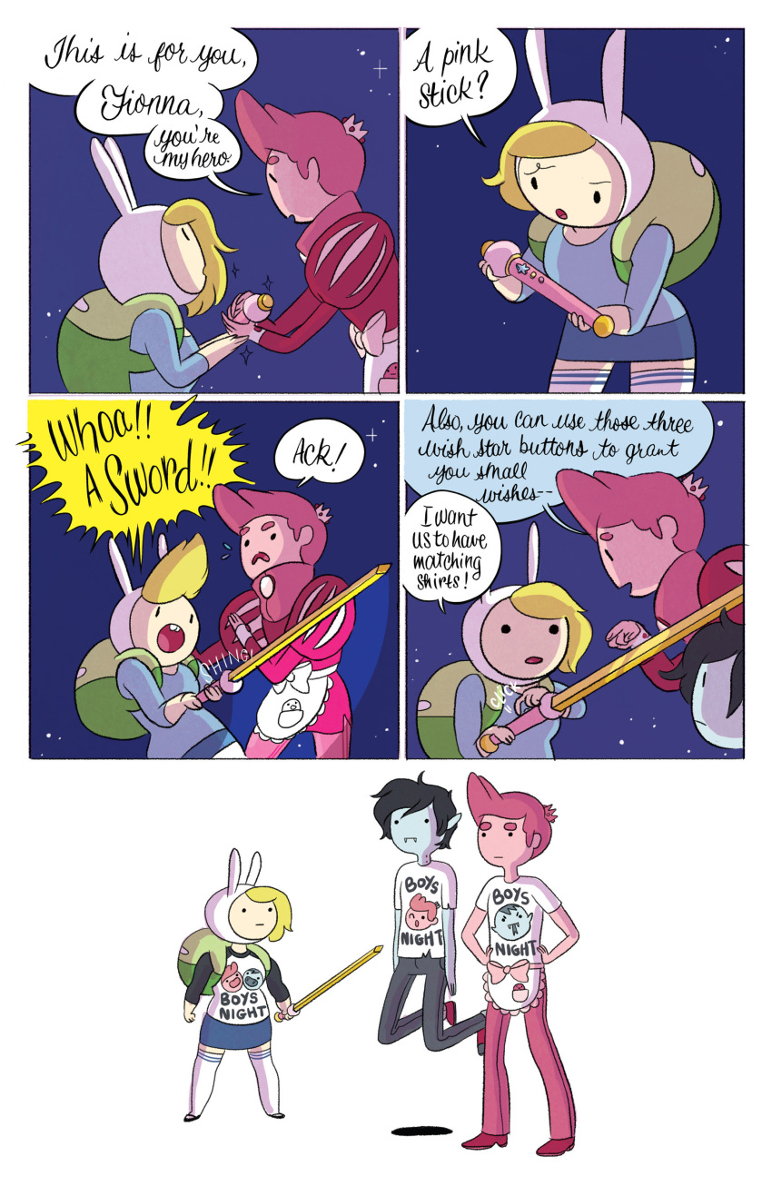 adventure_time blonde_hair cartoon_network clothing comic english_text fake_ears female fionna_the_human hair human humor male mammal marshal_lee_the_vampire_king melee_weapon night not_furry outside pink_hair star sword text unknown_artist weapon what