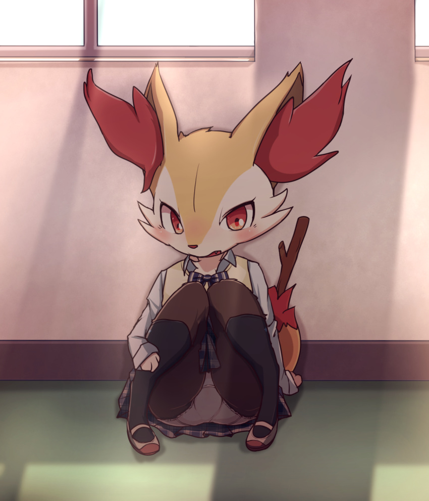1girl animal_ears arm_support beige_vest black_legwear blue_neckwear blue_skirt blush bowtie braixen clothed_pokemon fang female fox_ears fox_tail full_body furry gen_6_pokemon highres indoors kneehighs knees_together_feet_apart knees_up long_sleeves looking_at_viewer mei_(lulufla) no_humans on_floor open_mouth panties pantyshot pantyshot_(sitting) paws pigeon-toed plaid plaid_skirt pleated_skirt pokemon pokemon_(creature) red_eyes red_footwear school_uniform shirt shoes sitting skirt sleeves_past_wrists solo stick striped_neckwear sunlight tail underwear uniform upskirt vest white_panties white_shirt window