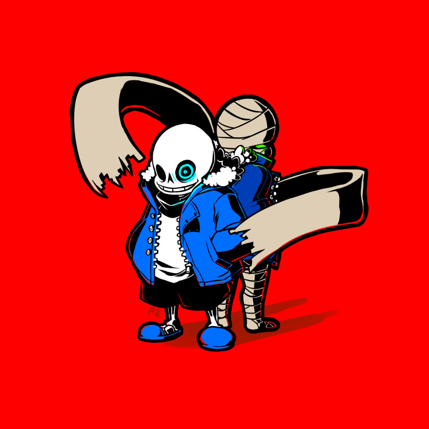 1_eye animated_skeleton bandage blue_eyes bone clothing crossover cyclops duo female green_eyes hi_res humanoid jacket male not_furry nuclear_throne rebel_(nuclear_throne) red_background sans_(undertale) shadow simple_background skeleton slippers smile superpietepiet undead undertale video_games