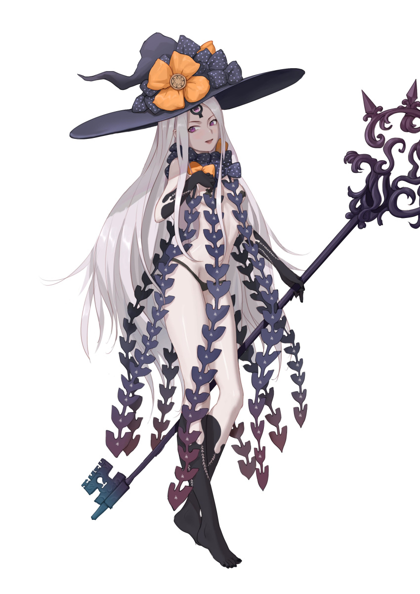 abigail_williams_(fate/grand_order) absurdres bangs black_bow black_gloves black_hat black_legwear black_nails black_panties bow breasts chaji_h commentary_request elbow_gloves eyebrows_visible_through_hair fate/grand_order fate_(series) fingernails full_body gloves hat hat_bow highres holding holding_key key kneehighs long_hair medium_breasts nail_polish orange_bow oversized_object pale_skin panties parted_bangs parted_lips pasties polka_dot polka_dot_bow purple_eyes revealing_clothes silver_hair simple_background solo standing toenail_polish toenails topless underwear very_long_hair white_background witch_hat