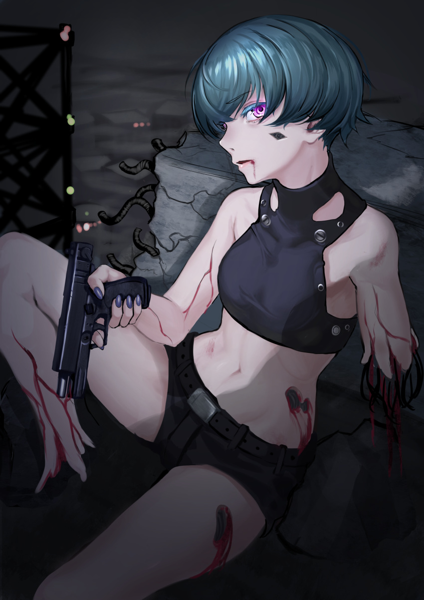 abs absurdres amputee aqua_hair asagon007 bare_arms bare_shoulders belt black_shorts bleeding blood blood_from_mouth blood_on_face colored_eyelashes crop_top cyborg damaged deep_wound eyebrows_visible_through_hair finger_on_trigger glock glock_18c green_hair gun handgun high_collar highres holding holding_gun holding_weapon injury locked_slide looking_at_viewer midriff nail_polish navel night open_mouth original outdoors parts_exposed pink_eyes pistol purple_nails reclining science_fiction short_hair short_shorts shorts sitting solo stomach very_short_hair weapon