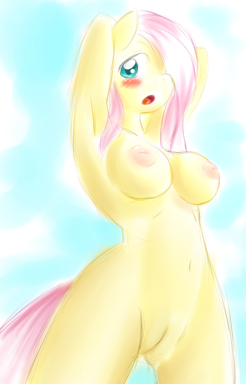 anthro anthrofied blush breasts cybermananon equine female fluttershy_(mlp) friendship_is_magic fur hair horse inverted_nipples long_hair looking_at_viewer mammal my_little_pony navel nipples nude open_mouth outside pink_hair pony pussy solo teal_eyes yellow_fur