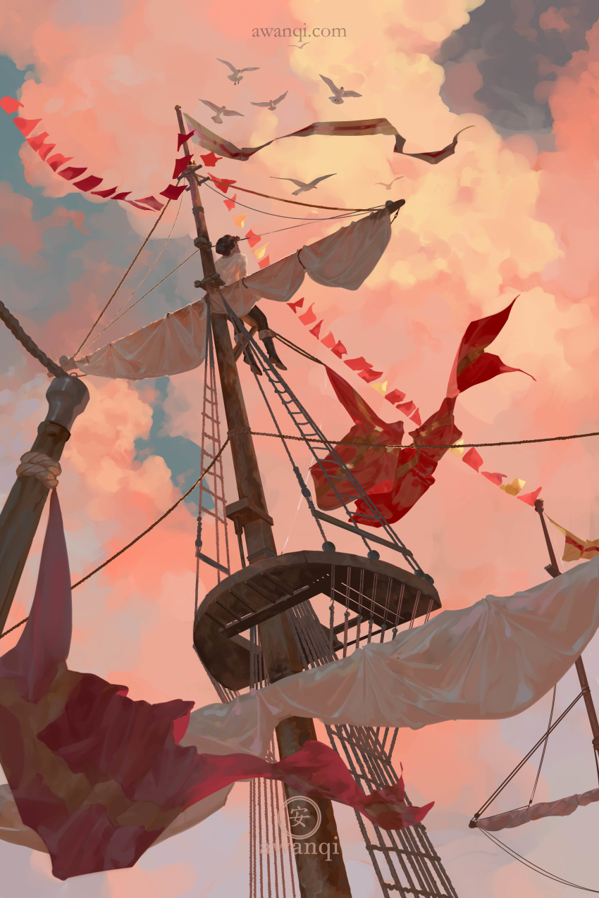 absurdres awanqi bird blue_sky boat brown_hair cloud crow's_nest flock highres looking_afar looking_up male_focus mast original outdoors red_flag rigging seagull ship sitting sky string_of_flags watercraft watermark web_address