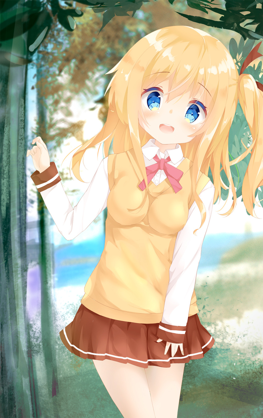 :d bangs blonde_hair blue_eyes blurry blurry_background blush breasts brown_ribbon brown_skirt collared_shirt comic_girls day depth_of_field dress_shirt eyebrows_visible_through_hair forest hair_between_eyes hair_ribbon highres koizuka_koyume leaning_to_the_side long_hair long_sleeves looking_at_viewer medium_breasts nature one_side_up open_mouth outdoors pleated_skirt ribbon shiraki_shiori shirt skirt sleeves_past_wrists smile solo standing sweater_vest tree upper_teeth white_shirt