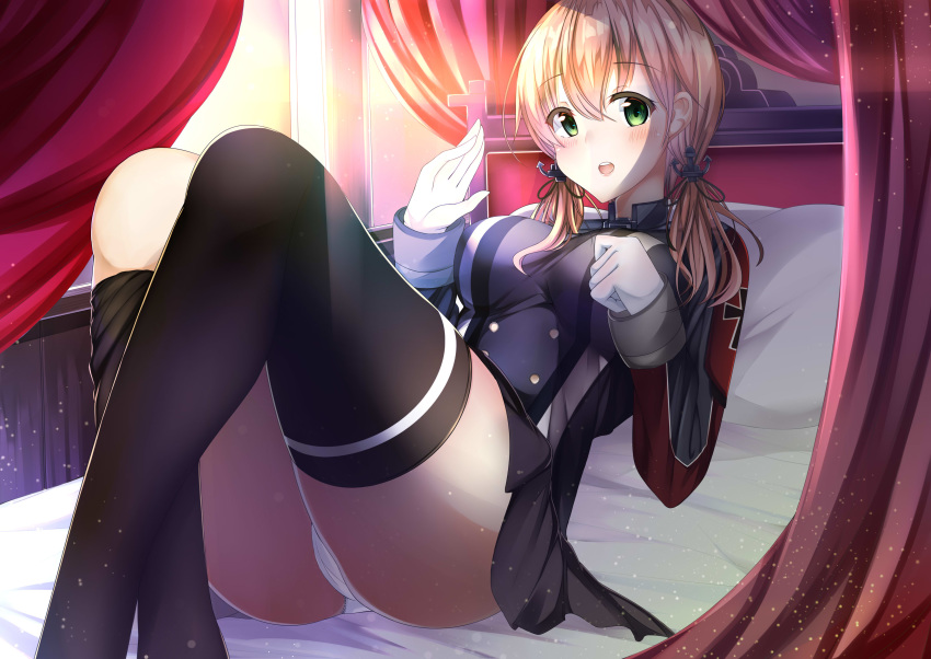 :d absurdres bed black_legwear black_skirt blonde_hair gloves green_eyes hair_between_eyes highres hiragi_ringo kantai_collection long_hair long_sleeves looking_at_viewer low_twintails military military_uniform no_hat no_headwear open_mouth panties pillow pleated_skirt prinz_eugen_(kantai_collection) skirt smile solo thighhighs thighs twintails underwear uniform white_gloves white_panties window