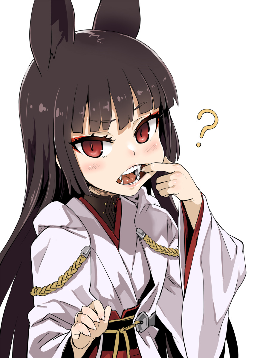 ? animal_ears asanagi azur_lane bangs black_hair blunt_bangs commentary_request extra_ears eyebrows eyebrows_visible_through_hair eyelashes eyeliner fangs finger_in_mouth fingernails fox_ears hands_up haori highres japanese_clothes lips long_fingernails long_hair long_sleeves looking_at_viewer makeup nagato_(azur_lane) nagato_(azur_lane)_(old_design) open_mouth pink_lips pink_pupils raised_eyebrow red_eyes saliva simple_background solo straight_hair teeth tongue tsurime turtleneck upper_body white_background wide_sleeves