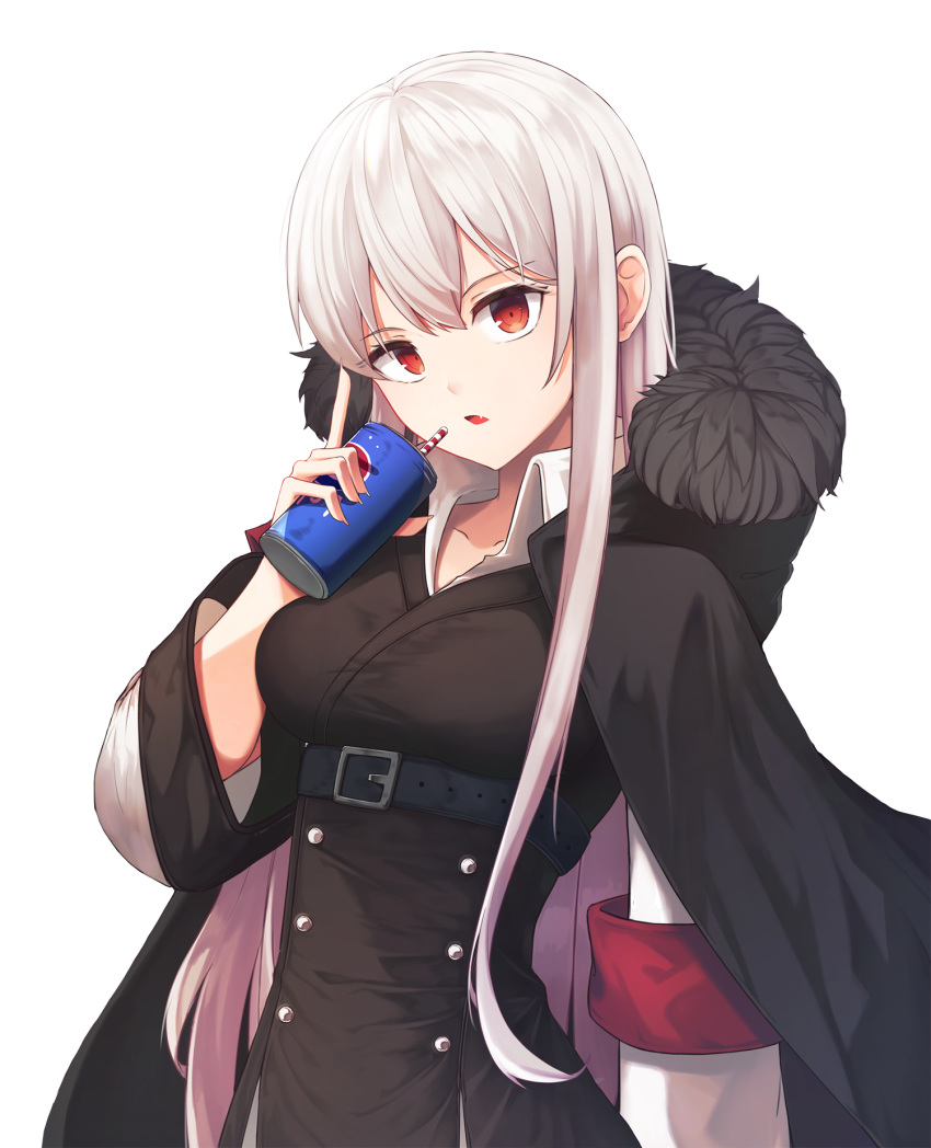 belt black_cape cape collarbone drinking_straw eyebrows_visible_through_hair girls_frontline hair_between_eyes highres holding hooded index_finger_raised kar98k_(girls_frontline) long_hair looking_at_viewer open_mouth pepsi red_eyes silver_hair simple_background solo sugar_(dndi888) upper_body very_long_hair white_background