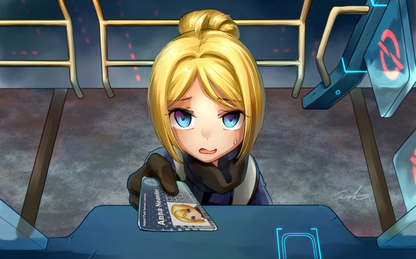 black_gloves blonde_hair blue_eyes commentary eyebrows_visible_through_hair from_above gloves hair_bun id_card kemono_friends looking_at_viewer neanderthal_man_(kemono_friends)_(welt_(kinsei_koutenkyoku)) open_mouth original signature solo sweatdrop turnstile welt_(kinsei_koutenkyoku)