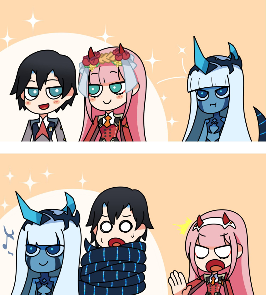 001_(darling_in_the_franxx) 1boy 2girls 2koma :t bangs black_hair blank_eyes blue_eyes blue_horns blue_skin blush_stickers comic commentary commentary_request couple darling_in_the_franxx english_commentary eyebrows_visible_through_hair facial_scar flower green_eyes hair_flower hair_ornament hairband hetero highres hiro_(darling_in_the_franxx) horns jealous light_blue_hair long_hair looking_at_another mato_(mozu_hayanie)_(style) military military_uniform multiple_girls musical_note necktie netorare oni_horns orange_neckwear parody pink_hair pout red_horns red_neckwear scar silent_comic spoilers spoken_musical_note style_parody sweat tashidraw uniform white_hairband zero_two_(darling_in_the_franxx)
