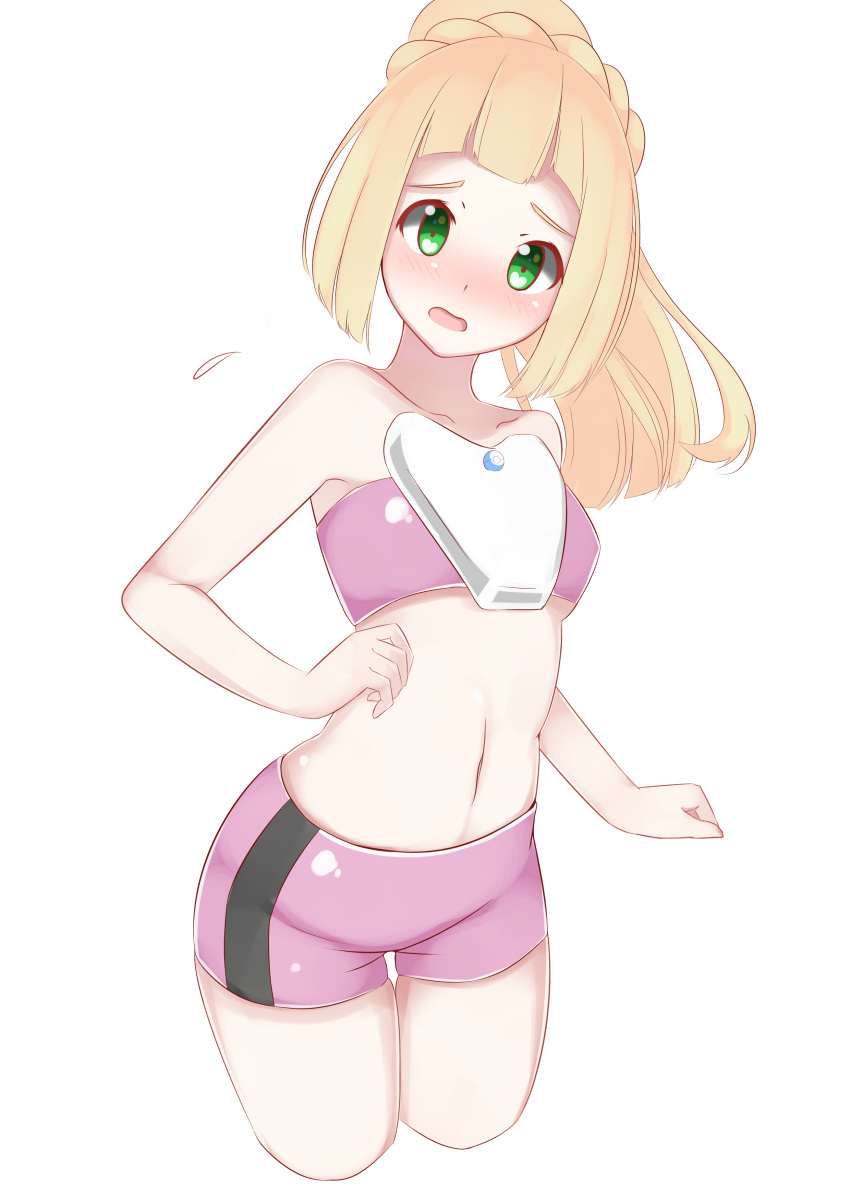 absurdres blonde_hair blush breasts green_eyes highres ko_to_tsuki lillie_(pokemon) long_hair looking_at_viewer medium_breasts midriff navel open_mouth pink_shorts pokemon pokemon_(anime) pokemon_sm_(anime) ponytail shorts simple_background solo ultra_guardians_uniform white_background