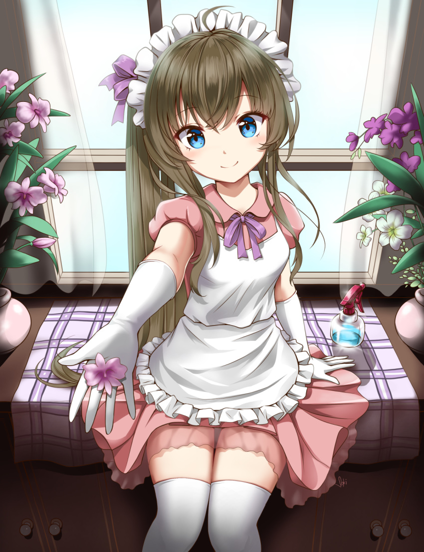 ahoge apron arm_support blue_eyes brown_hair elbow_gloves eyebrows_visible_through_hair flower frilled_apron frills gloves hair_between_eyes hair_ribbon highres indoors long_hair looking_at_viewer maid maid_headdress miniskirt neck_ribbon original outstretched_arm pink_shirt pink_skirt pleated_skirt purple_flower purple_ribbon ribbon see-through shirt short_sleeves side_ponytail skirt smile solo sony_kisaragi thighhighs very_long_hair white_apron white_gloves white_legwear window zettai_ryouiki