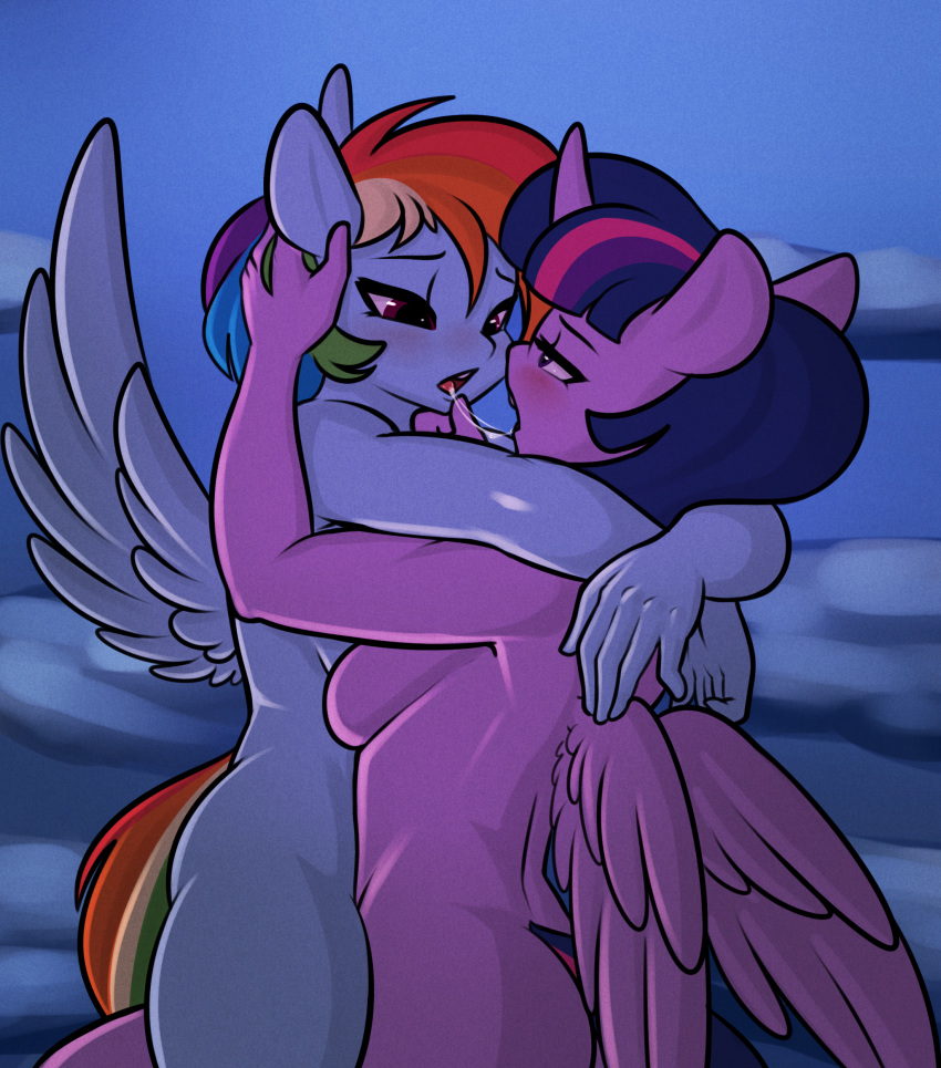 2018 absurd_res anthro anthrofied blush breasts butt digital_media_(artwork) duo elzzombie embrace equine eye_contact feathered_wings feathers female friendship_is_magic hair half-closed_eyes hi_res horn mammal multicolored_hair my_little_pony nude open_mouth pegasus rainbow_dash_(mlp) rainbow_hair saliva saliva_string side_boob twilight_sparkle_(mlp) winged_unicorn wings