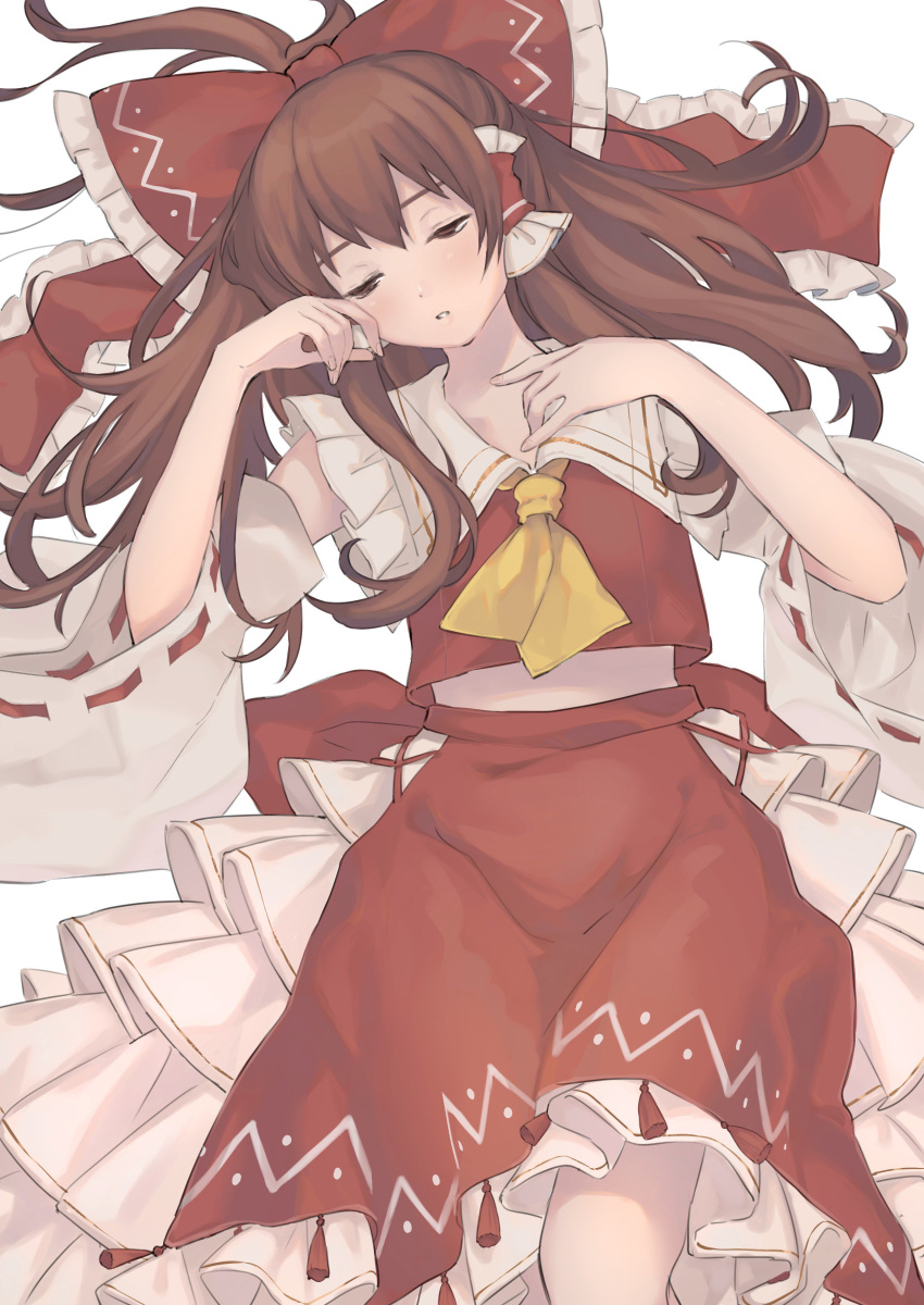 absurdres ascot bow brown_eyes brown_hair commentary_request detached_sleeves hair_bow hair_spread_out hair_tubes hakurei_reimu half-closed_eyes highres long_hair long_sleeves lying on_back parted_lips red_bow red_skirt red_vest skirt solo touhou vanilla_(miotanntann) vest wide_sleeves yellow_neckwear