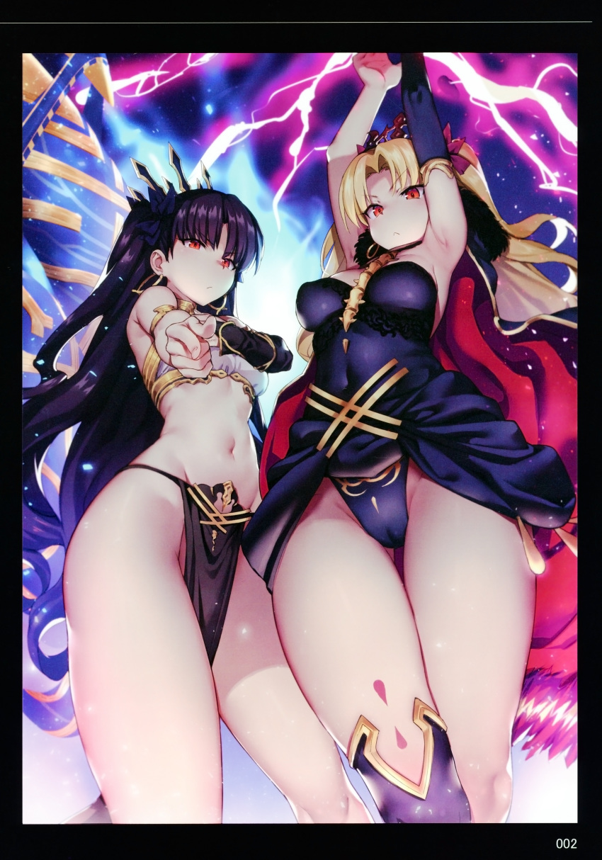 :&lt; absurdres aiming_at_viewer armlet armpits arms_up bangs between_breasts black_legwear black_leotard black_ribbon blonde_hair breasts bridal_gauntlets cameltoe closed_mouth cowboy_shot crown detached_sleeves earrings electricity ereshkigal_(fate/grand_order) eyebrows_visible_through_hair fate/grand_order fate_(series) finger_gun from_below fur_trim gold_trim groin hair_ribbon highres hoop_earrings ishtar_(fate/grand_order) jewelry leotard light_particles long_hair long_sleeves looking_at_viewer medium_breasts multiple_girls navel page_number parted_bangs pelvic_curtain red_eyes ribbon scan serious single_detached_sleeve single_thighhigh spine stomach straight_hair strapless strapless_leotard thighhighs thighs tiara try two_side_up v-shaped_eyebrows very_long_hair