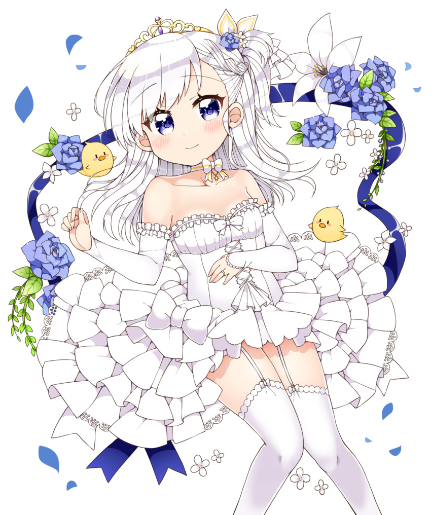 azur_lane bare_shoulders belchan_(azur_lane) belfast_(azur_lane) bird blue_eyes blue_ribbon blush braid breasts bridal_gauntlets chick collarbone commentary_request diadem dress elbow_gloves eyebrows_visible_through_hair flower flower_request garter_straps gloves hand_on_own_stomach highres jewelry kanjitomiko long_hair looking_at_viewer neck_ribbon one_side_up petals ribbon ring silver_hair simple_background smile solo wedding_band wedding_dress white_background white_dress white_gloves white_legwear