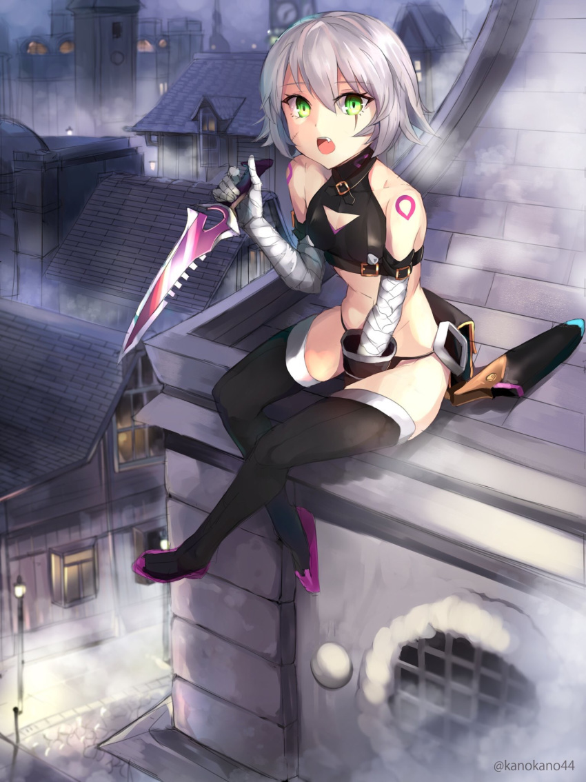 artist_name asymmetrical_gloves bandages bangs black_gloves black_legwear black_pants cleavage_cutout crop_top eyebrows_visible_through_hair fang fate/apocrypha fate_(series) flat_chest full_body gloves green_eyes hair_between_eyes highres holding holding_knife jack_the_ripper_(fate/apocrypha) kano_(kanokano44) knife looking_at_viewer night open_mouth outdoors pants pixiv_fate/grand_order_contest_2 road scar scar_across_eye sheath sheathed short_hair silver_hair sitting solo street thighhighs