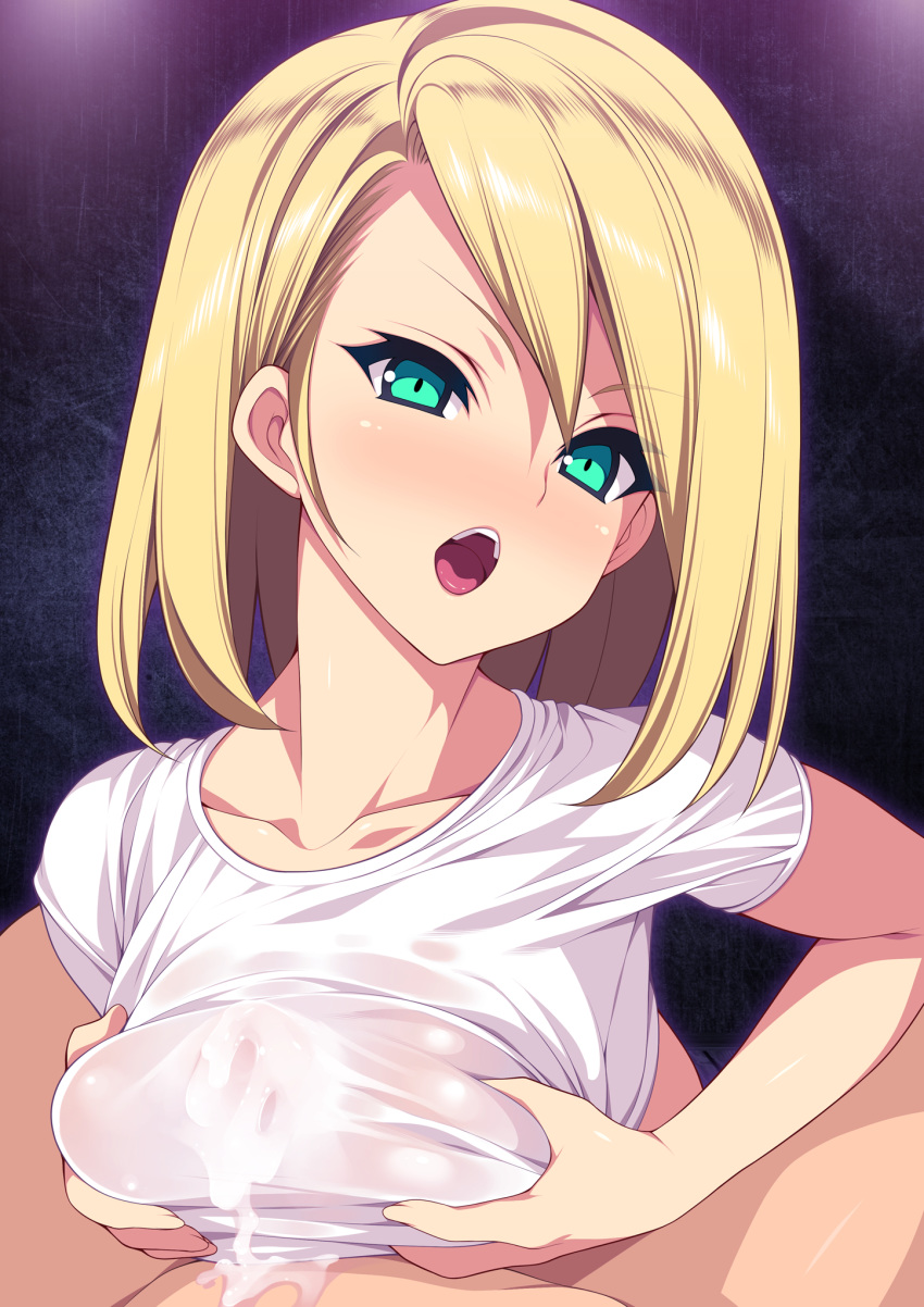 1girl bangs blonde_hair breasts collarbone cum cum_on_body cum_on_clothes cum_on_upper_body ejaculation ejaculation_under_clothes eyebrows_visible_through_hair green_eyes hetero highres kinoshita_ichi large_breasts medium_breasts open_mouth original paizuri paizuri_under_clothes see-through shirt solo_focus swept_bangs t-shirt upper_teeth wet wet_clothes wet_shirt