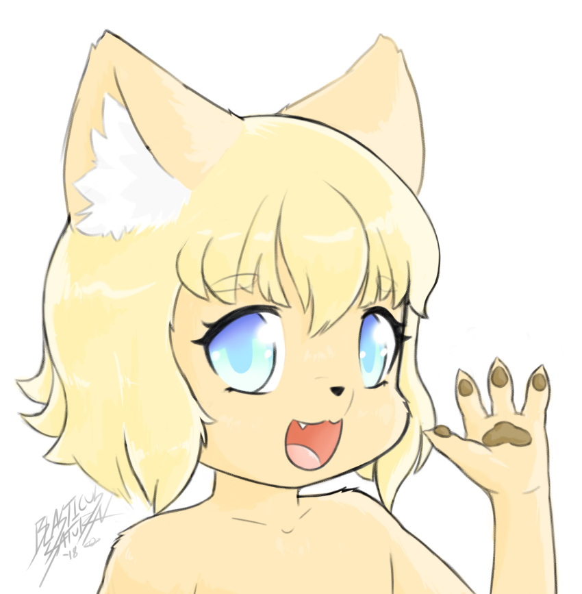 blasticussaturn blonde_hair blue_eyes canine cute female hair inner_ear_fluff kemono loli looking_at_viewer mammal open_mouth pawpads short_hair simple_background smile tongue young