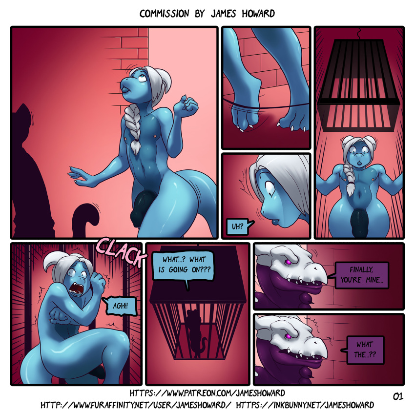 blue_skin cage comic dragon english_text girly hair horn invalid_tag james_howard male nude patreon penis purple_skin scalie scared text trapped white_hair