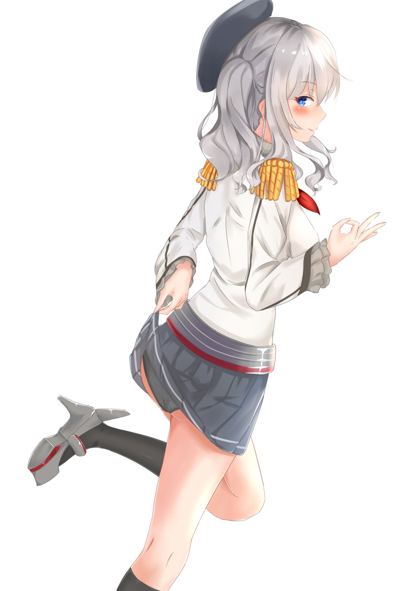 absurdres ass black_hat black_legwear black_panties blue_eyes blush grey_skirt hat high_heels highres jacket jyl_(tiankonghuayin) kantai_collection kashima_(kantai_collection) leg_up lifted_by_self long_hair looking_at_viewer looking_back military military_uniform miniskirt ok_sign panties pants pleated_skirt red_neckwear silver_hair simple_background skirt skirt_lift solo standing standing_on_one_leg twintails underwear uniform white_background white_jacket