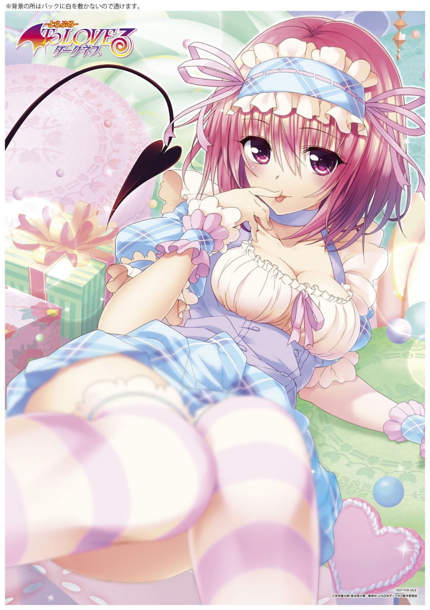 blue_shirt blue_skirt blurry breasts cleavage demon_tail depth_of_field finger_licking foreshortening gift hairband hand_to_own_mouth heart highres knees_together_feet_apart legs licking lolita_hairband lying momo_velia_deviluke naughty_face official_art on_back pink_eyes pink_hair plaid plaid_skirt shirt short_hair skirt smile solo striped striped_legwear tail thighhighs to_love-ru to_love-ru_darkness tongue tongue_out wrist_cuffs yabuki_kentarou